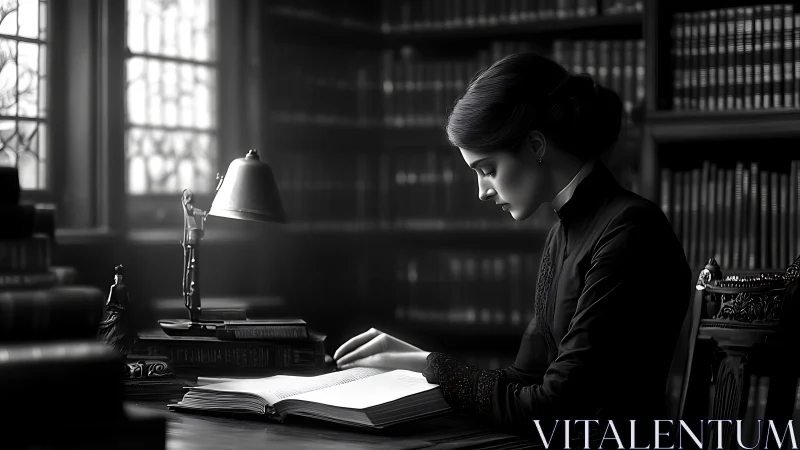 Victorian scholar studies illuminated book in shadowed library