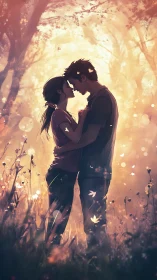 Silhouetted couple in field with warm light and atmospheric bokeh