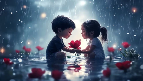 Two Children Sharing Rose in Rain.