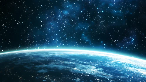 Gentle Earth horizon glowing beneath a star filled cosmos.