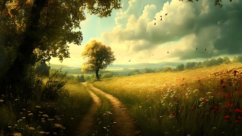 Sunlit country path winding through golden wildflower fields.