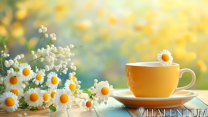 Yellow Teacup with White Daisies and Baby's Breath Blooms