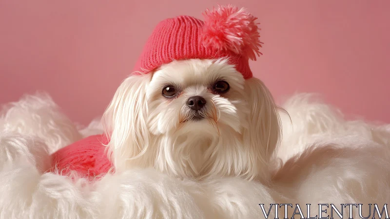 White toy dog in coordinated pink knitwear against pastel backdrop