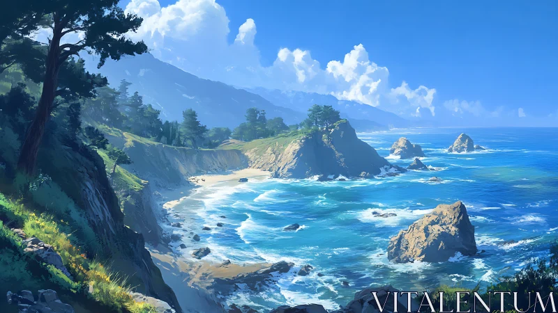 Digital coastal landscape with cliffs, surf and pine headland.