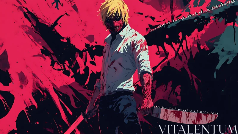 Blood-soaked warrior stands amid violent crimson chaos.