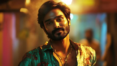 Neon alley glow frames a confident man in molten colors.