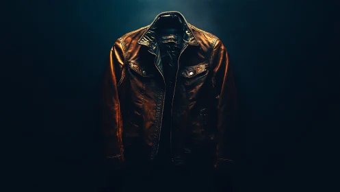 Solitary Leather Jacket Draped in Amber Spotlight.