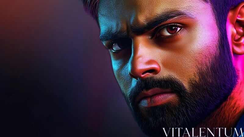 Intense bearded gaze glowing in bold neon light portrait.