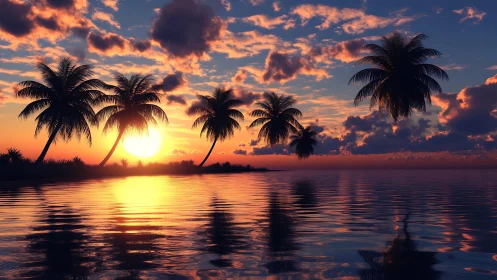 Tropical littoral sunset with palm silhouettes and wave reflections.