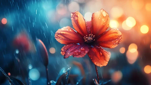Red cosmos flower suspended in rainfall with bokeh lighting transition