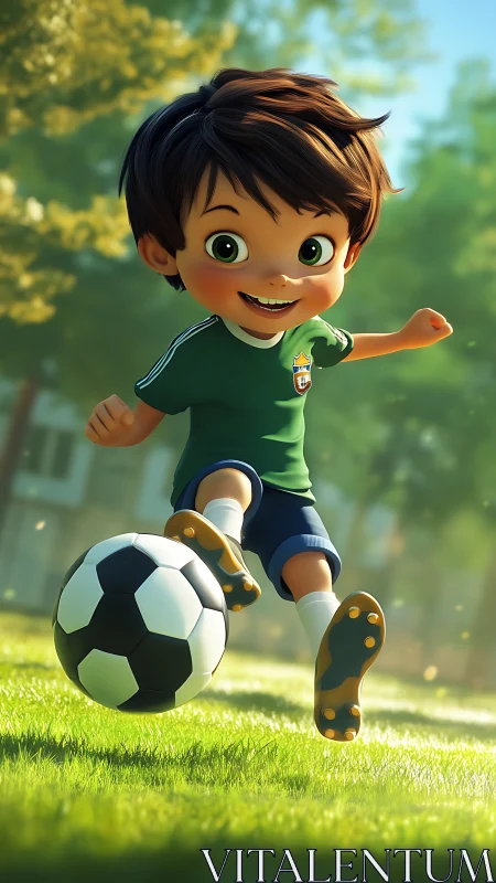 Cartoon child kicks soccer ball on bright grassy field