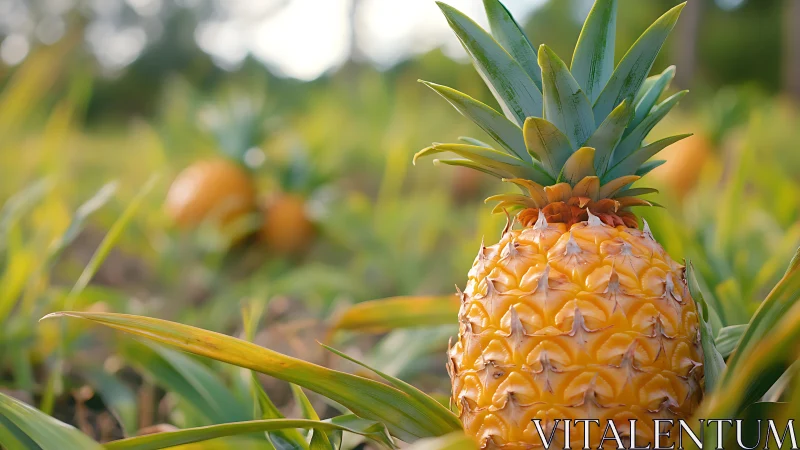 Ripe pineapple grows in foreground of cultivated field