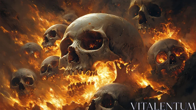 Burning skulls emerging from dense inferno flames.