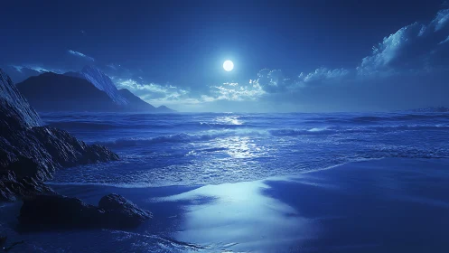 Moonlit tide whispering over sapphire midnight shoreline.