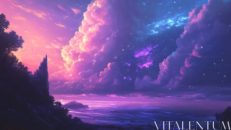 Vibrant coastal landscape shows glowing nebula lit twilight sky