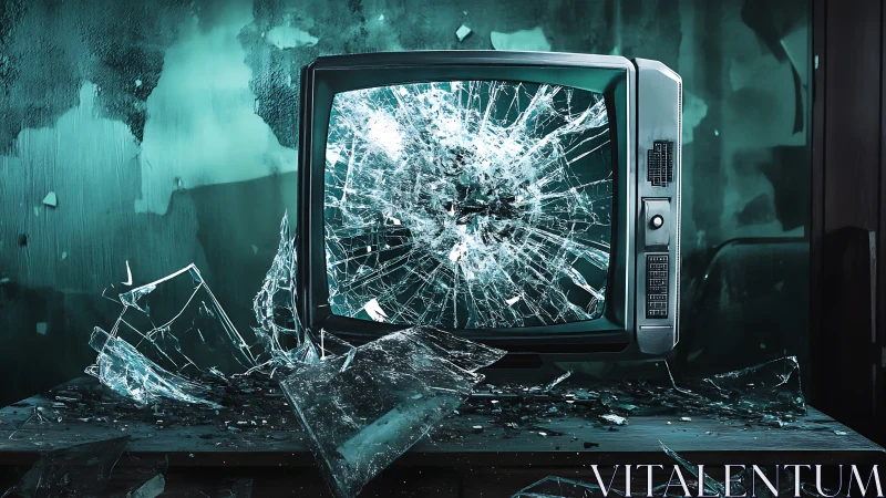 Broken retro TV with exploding shattered glass screen.
