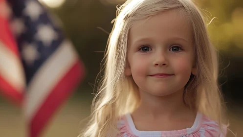 Young Child Portrait with American Flag Background