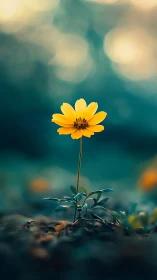 Solitary yellow wildflower in dreamy teal bokeh glow.