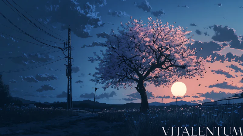 Twilight cherry tree silhouette with setting sun and power lines