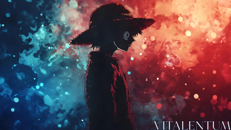 Bicolor atmospheric silhouette of straw‑hatted anime wanderer.