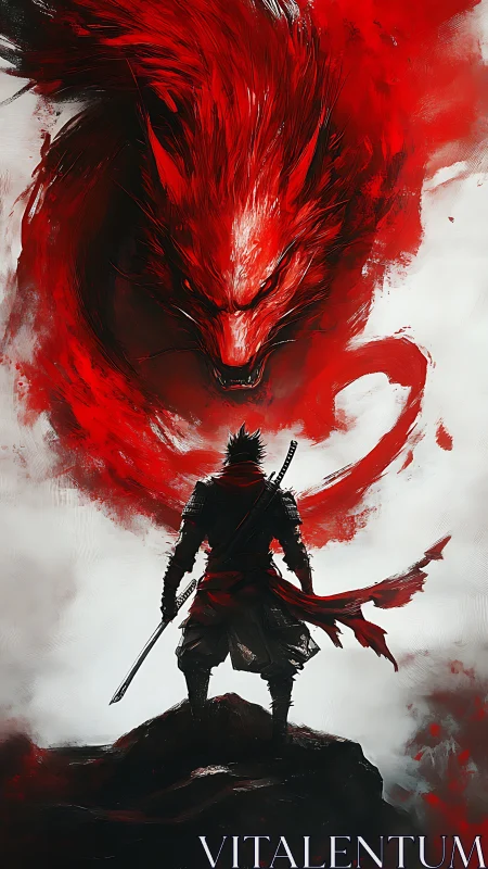Lone warrior meets a blazing red spirit wolf in battle.