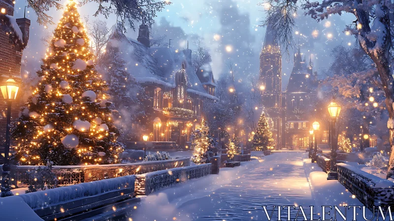 Snow-draped village avenue aglow with storybook Christmas lights.