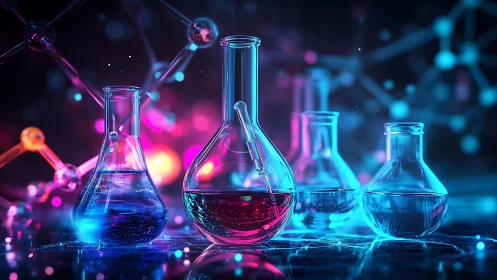 Neon lab glassware with glowing chemical solutions on bench.