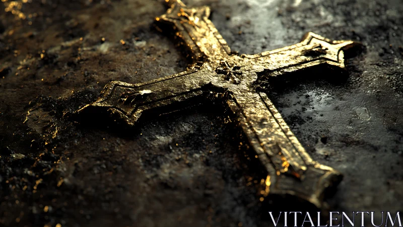 Golden cross rests on weathered stone in quiet, moody light