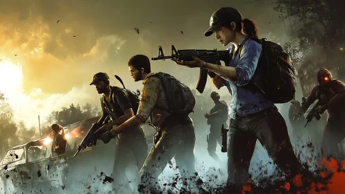 Digital painting of armed survivors in dynamic zombie pursuit.