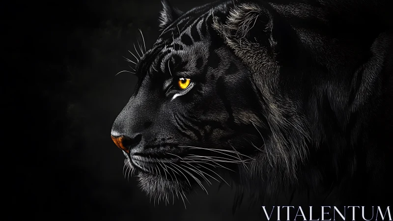 Black tiger profile with intense yellow eye on black field.