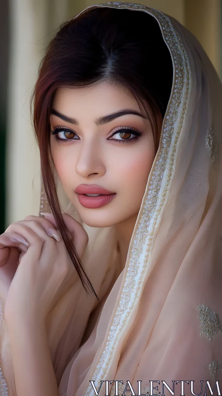 Soft gaze framed by embroidered veil in close portrait.