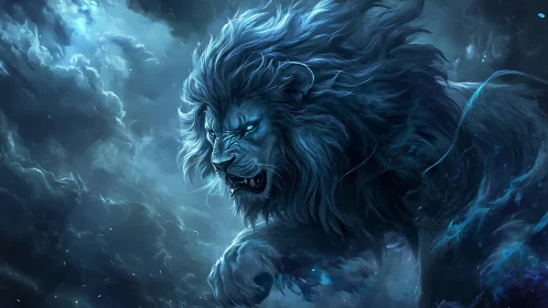 Storm-forged celestial lion prowls through midnight thunderclouds.