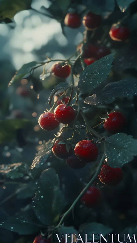 Sunlit cherry tomatoes glisten on dewy garden vines.