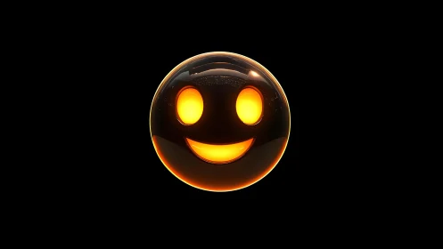 Glowing 3D Smiley Face on Black Background in Futuristic Style.