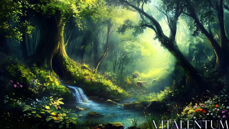Enchanted Forest Stream: Where Sunlight Kisses the Woods.