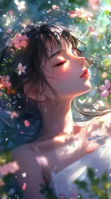 Sunlit daydreamer adrift in a whispering blossom storm.