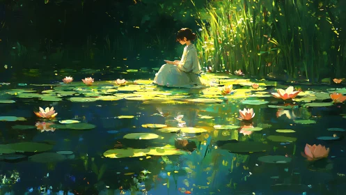 Figure sits reading on pond lilies under filtered daylight