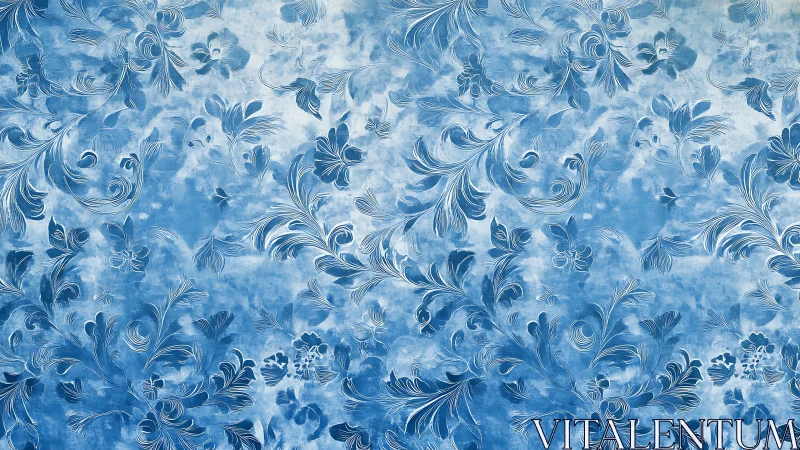 Monochrome blue floral damask pattern with painterly textured background