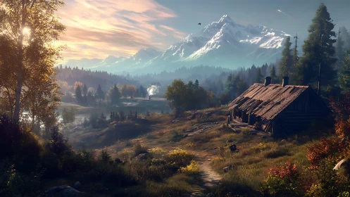 Wooden cabin in mountainous forest valley at sunrise.