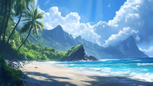 Lush Tropical Beach with Volcanic Peaks and Azure Waters.