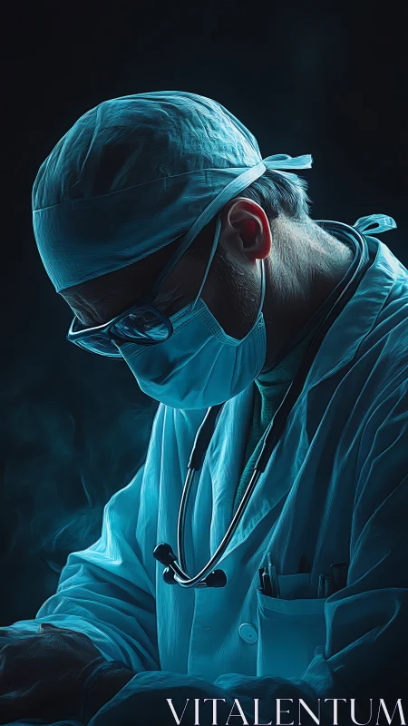Dedicated surgeon bathed in calm blue light at work.