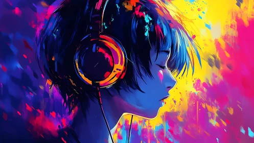 Profile portrait listens to music amid neon color streaks