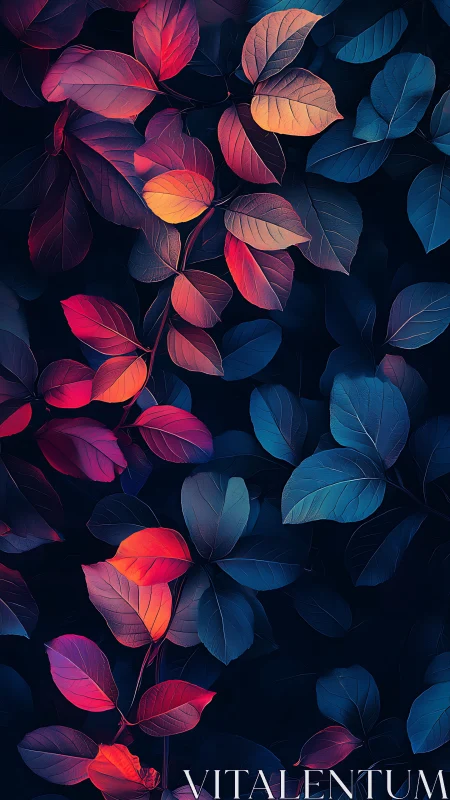 Midnight garden leaves glowing in jewel toned light.