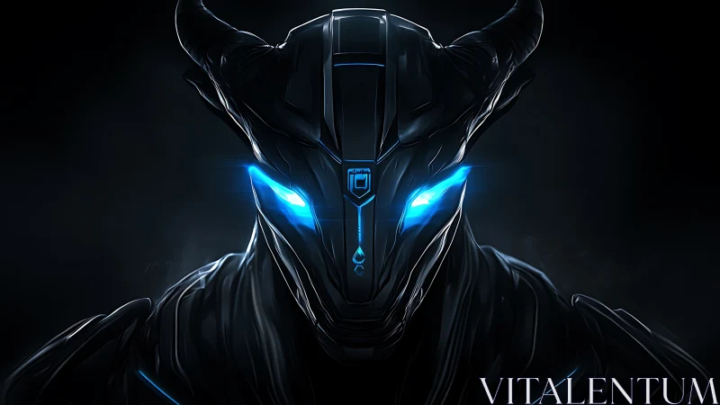 Cybernetic horned entity with glowing blue neon eyes.