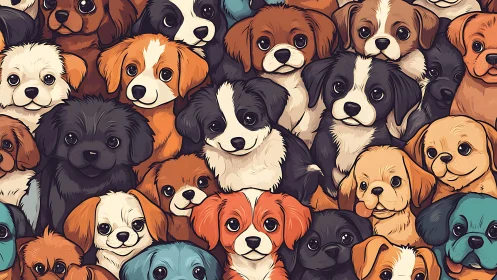 Playful puppy crowd in colorful seamless cartoon pattern.