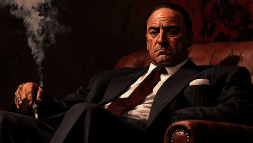 Powerful mob boss portrait in moody leather interior.