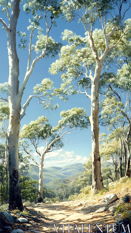 Sunlit forest path with distant rolling hills under sky.