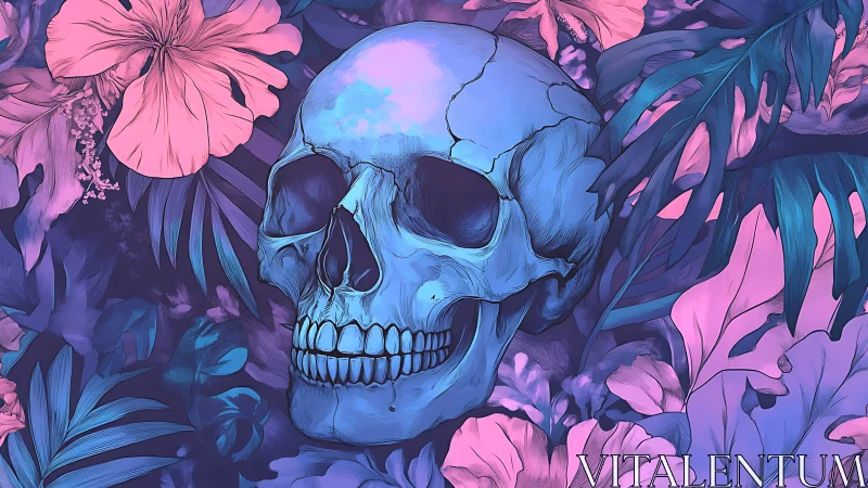 Human skull rendered in neon colors among dense tropical leaves