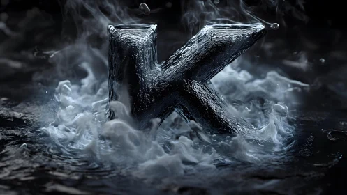 Metallic letter K emerging from smoky water, dramatic digital art.