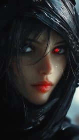 Mysterious rain‑kissed girl with glowing crimson gaze.